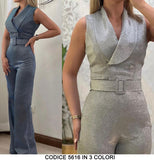 Tuta Elegante con Cintura Effetto Brillantinato Jumpsuit Doppio Petto con Bottoni in 3 Colori - 5616