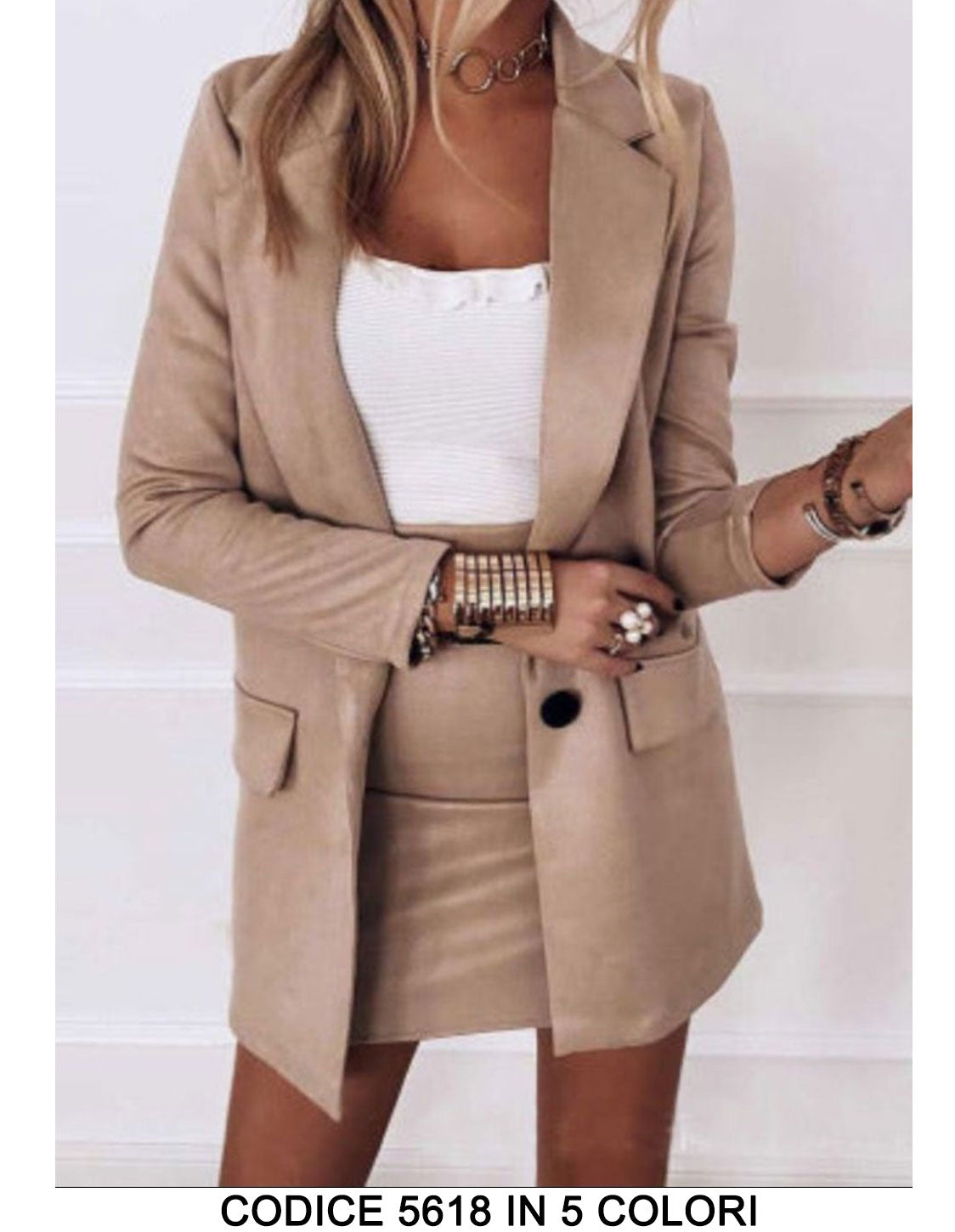 Completo Coordinato Dainetto Tailleur Giacca con Bottone Gonna Corta Elegante Casual in 5 Colori - 5618