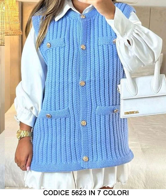 Maglia Maglione Donna Cardigan Smanicato con Bottoni Gioiello Oro Casual Fashion in 7 Colori - 5623