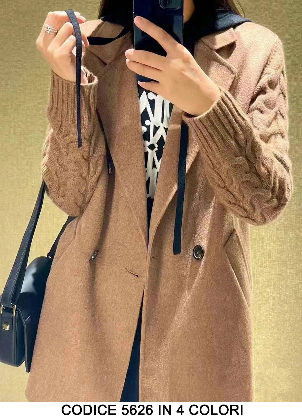 Cappotto Cardigan Doppio petto Bottoni Neri Maniche e Retro in Tessuto Trecce Caldo in 4 Colori - 5626