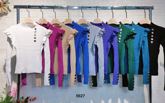 Maglia Manica Lunga Elegante Bottoni Oro Gioiello Rouche alle Maniche Trama Righini in 9 Colori - 5627