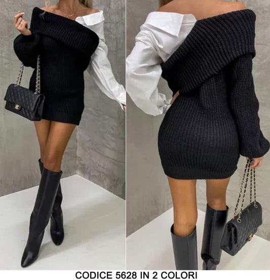 Vestito Mini Corto Maglione Caldo e Camicia Bianca con Collo unito Casual Abito Fashion in 2 Colori - 5628