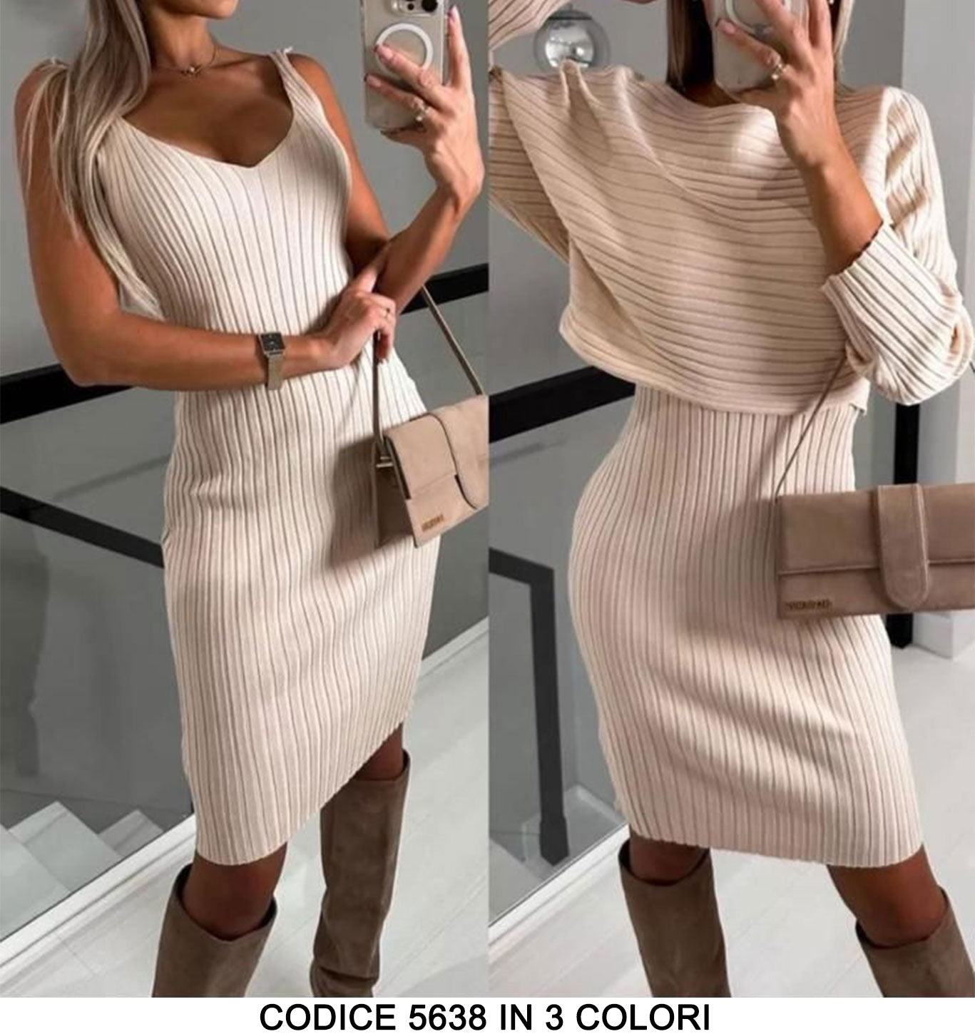 Completo Coordinato Abito e Maglia Manica Lunga Trama Righe Tubino Casual Morbido in 3 Colori - 5638