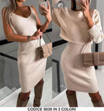 Completo Coordinato Abito e Maglia Manica Lunga Trama Righe Tubino Casual Morbido in 3 Colori - 5638