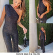 Tuta Elegante Monospalla interamente in Paillettes Jumpsuit Cerimonia Pantalone a Zampa in 2 Colori - 5640