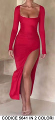 Abito Lungo da Cerimonia con Spacco Regolabile Vestito da Sera Elegante Manica Lunga in 2 Colori - 5641