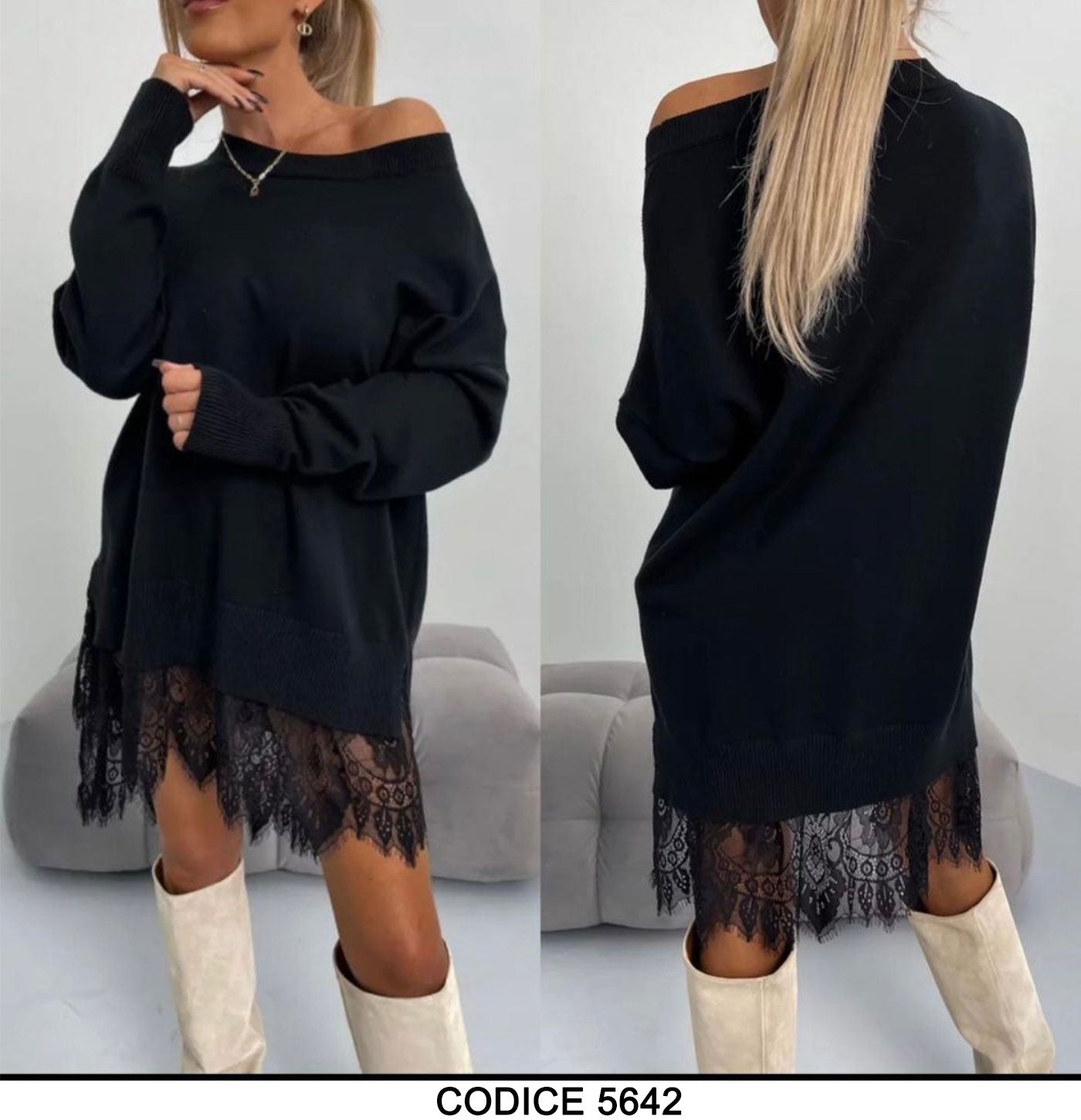 Vestito Manica Lunga Felpato con Finale in Merletto Abito Nero Casual Elegante - 5642