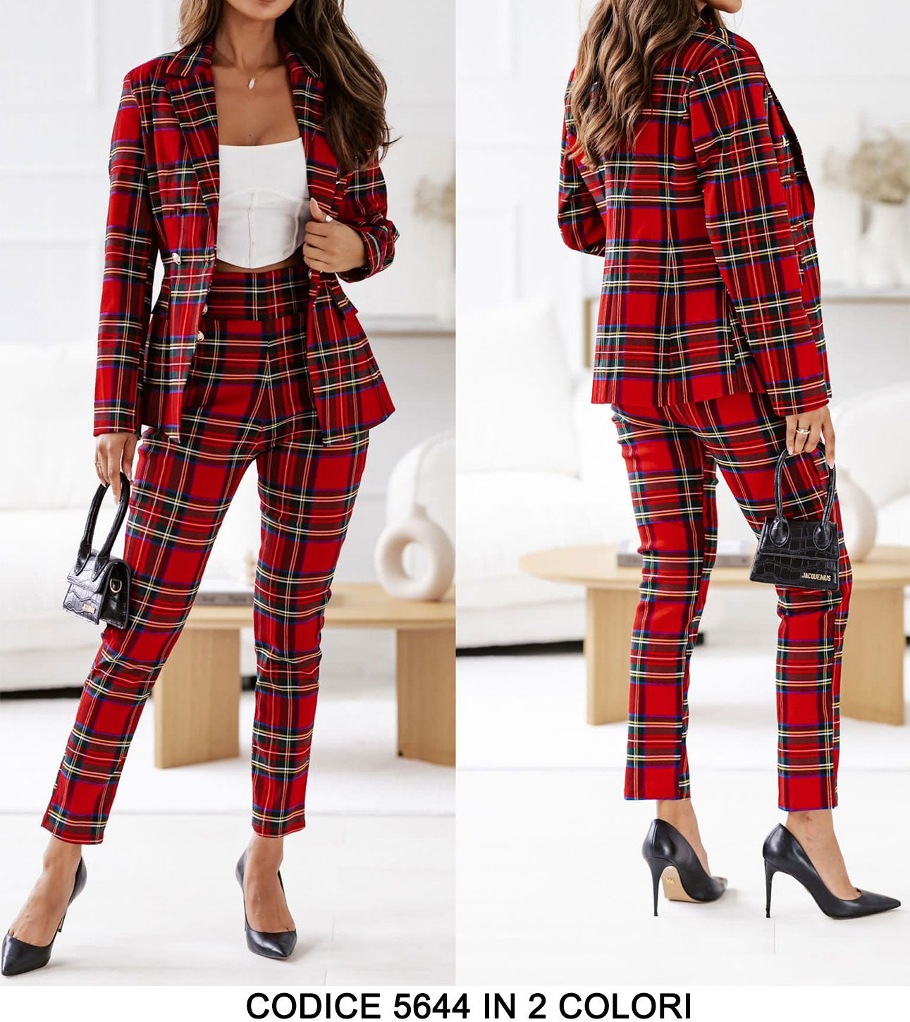 Tailleur Donna Giacca e Pantalone Trama Scozzese Scozia Completo Coordinato Casual con Bottoni oro in 2 Colori - 5644
