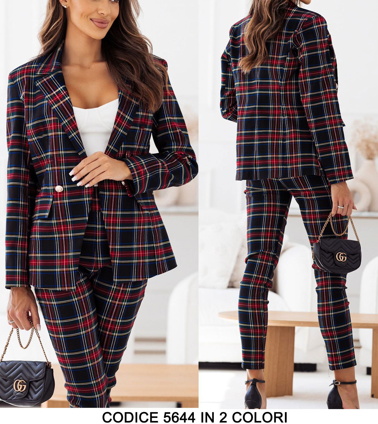 Tailleur Donna Giacca e Pantalone Trama Scozzese Scozia Completo Coordinato Casual con Bottoni oro in 2 Colori - 5644