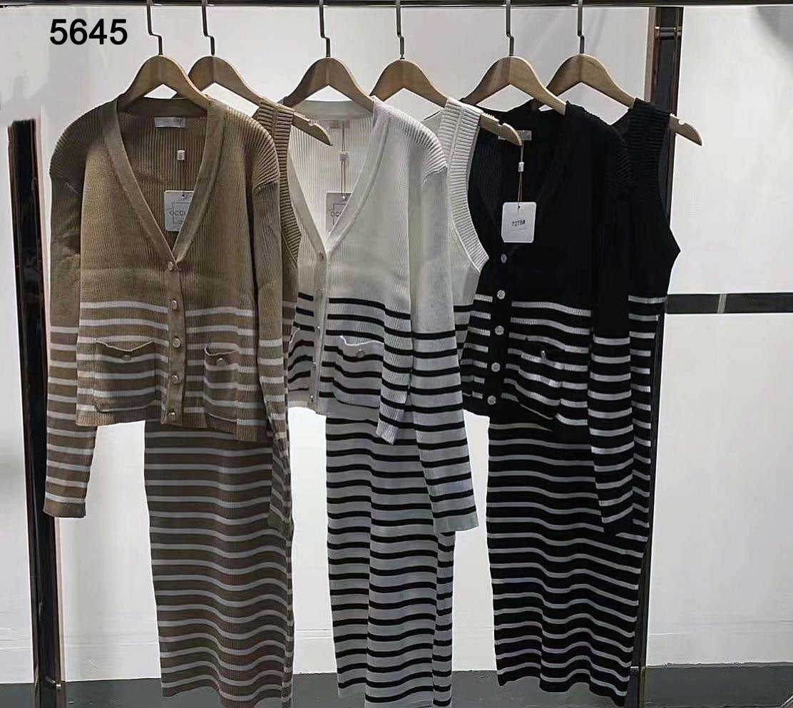Coordinato Completo Vestito a Righe e Maglia Cardigan Bottoni Casual Elegante Tessuto Morbido in 3 Colori - 5645