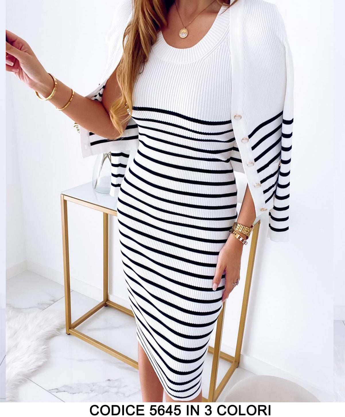 Coordinato Completo Vestito a Righe e Maglia Cardigan Bottoni Casual Elegante Tessuto Morbido in 3 Colori - 5645