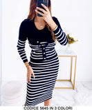 Coordinato Completo Vestito a Righe e Maglia Cardigan Bottoni Casual Elegante Tessuto Morbido in 3 Colori - 5645