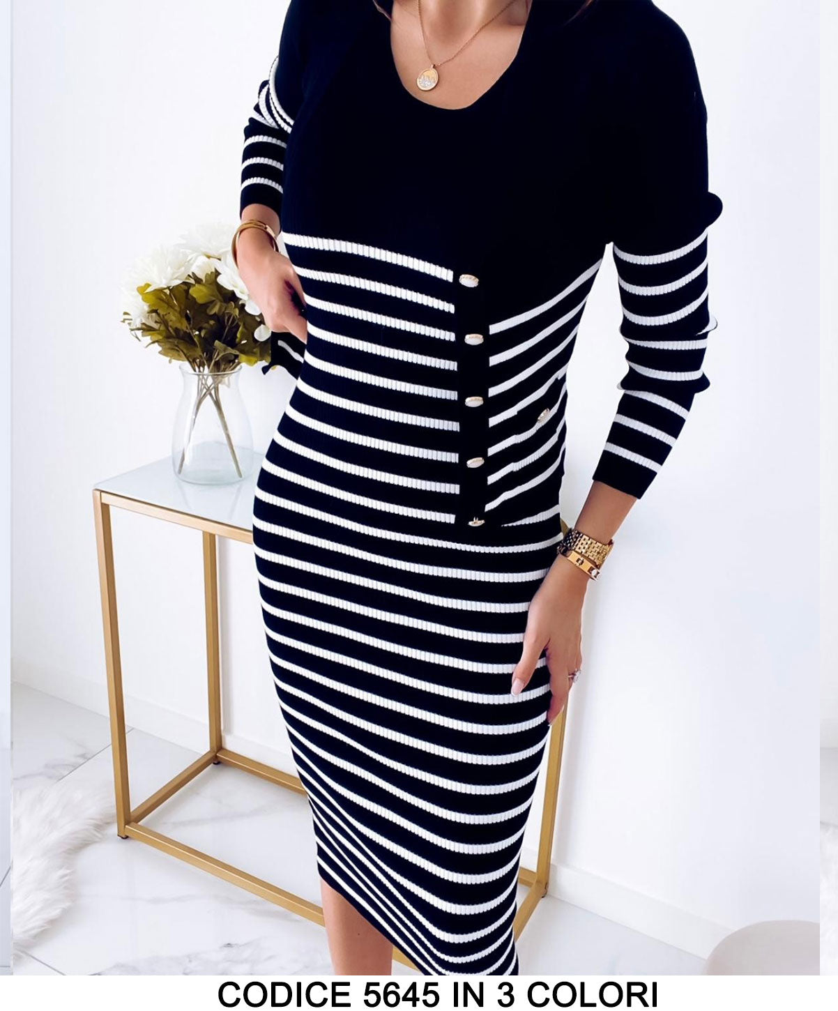 Coordinato Completo Vestito a Righe e Maglia Cardigan Bottoni Casual Elegante Tessuto Morbido in 3 Colori - 5645