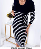Coordinato Completo Vestito a Righe e Maglia Cardigan Bottoni Casual Elegante Tessuto Morbido in 3 Colori - 5645
