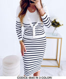 Coordinato Completo Vestito a Righe e Maglia Cardigan Bottoni Casual Elegante Tessuto Morbido in 3 Colori - 5645