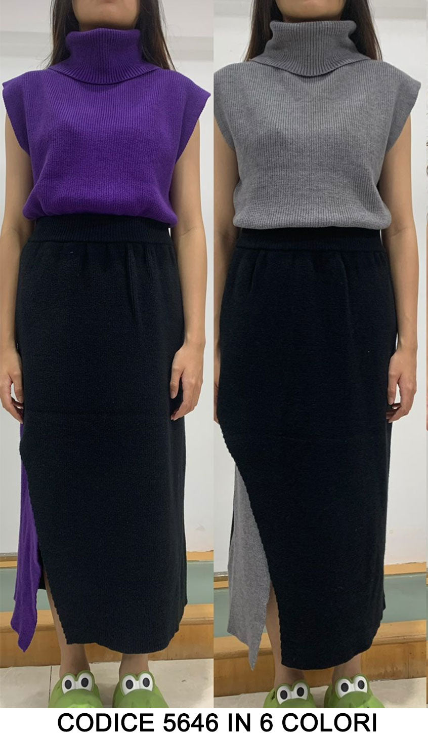 Completo Coordinato Maglia Collo Alto e Gonna Lunga Nera Bicolore Casual Colorato in 6 Colori - 5646