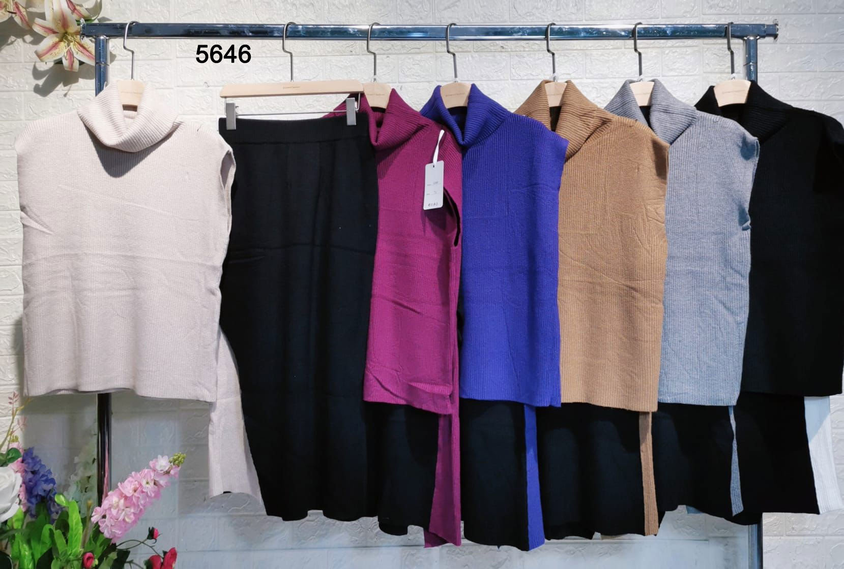 Completo Coordinato Maglia Collo Alto e Gonna Lunga Nera Bicolore Casual Colorato in 6 Colori - 5646