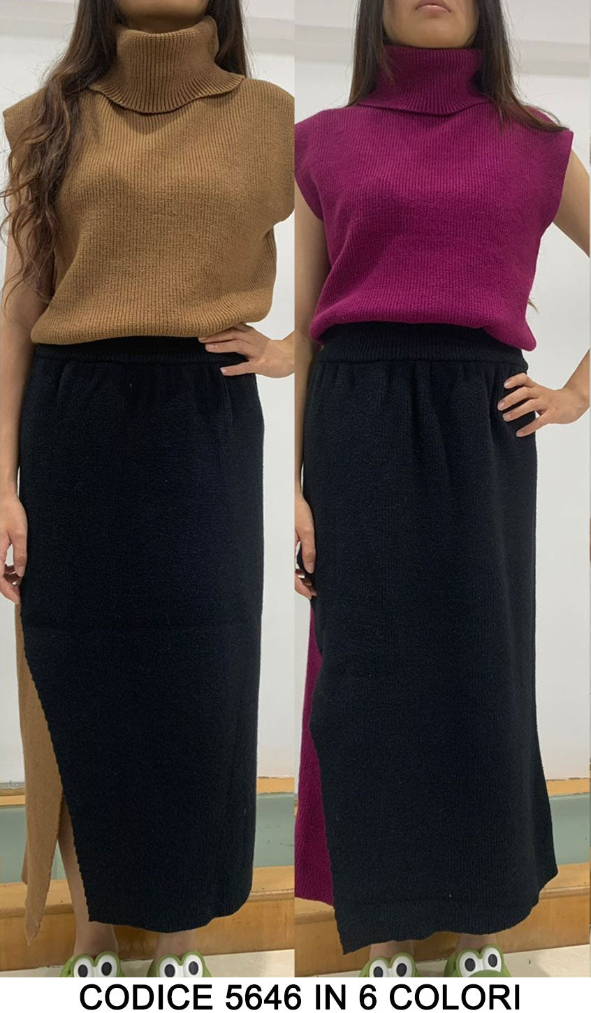 Completo Coordinato Maglia Collo Alto e Gonna Lunga Nera Bicolore Casual Colorato in 6 Colori - 5646