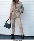 Tuta Intera Casual Donna con Bottoni Dorati e Cintura Jumpsuit Elegante Fashion in Beige - 5652
