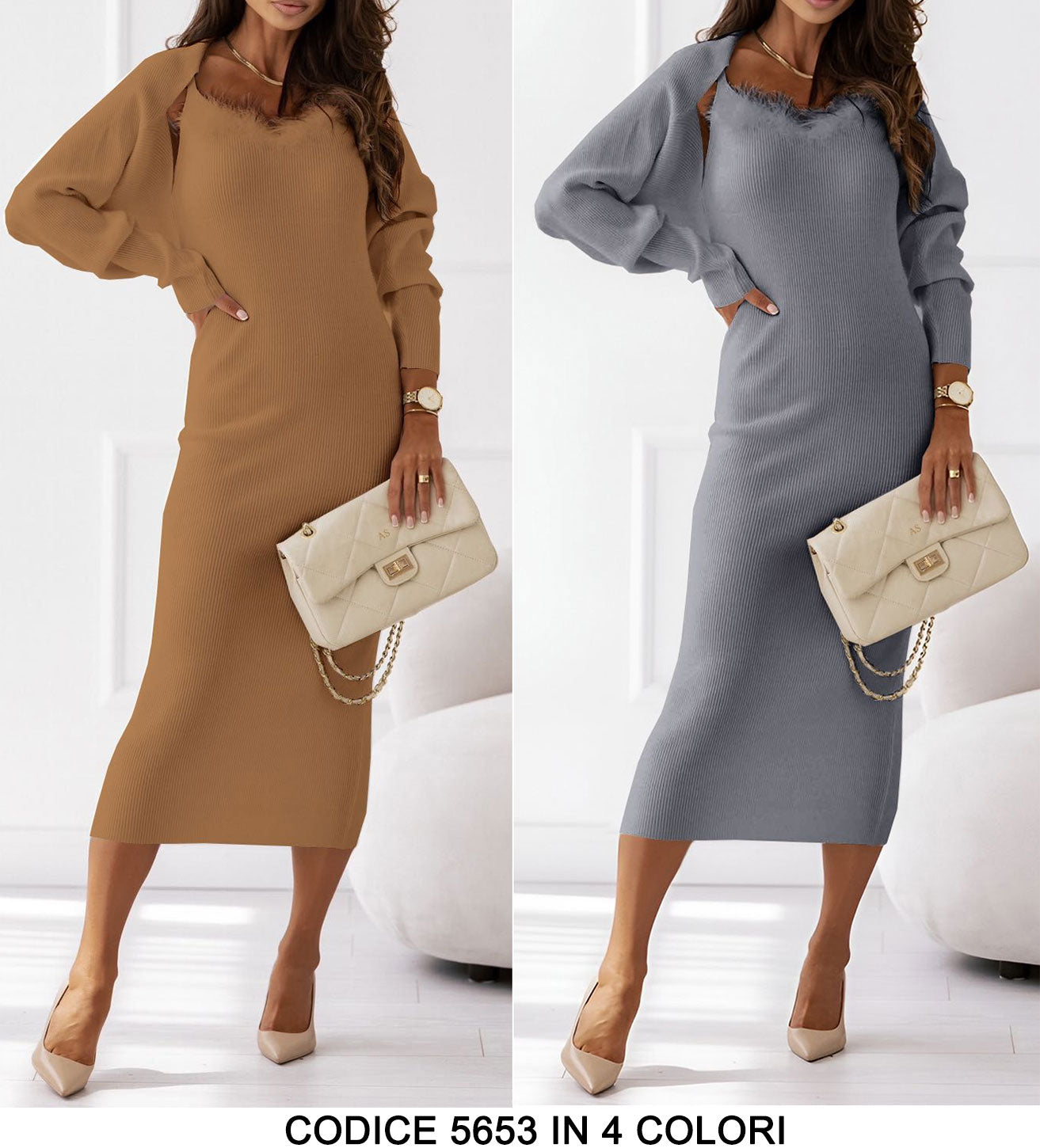 Completo Coordinato Vestito Lungo Tubino con Piume e Maglia Cardigan Manica Lunga Casual Elegante in 4 Colori - 5653