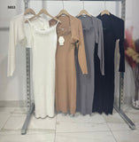 Completo Coordinato Vestito Lungo Tubino con Piume e Maglia Cardigan Manica Lunga Casual Elegante in 4 Colori - 5653