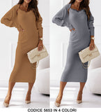 Completo Coordinato Vestito Lungo Tubino con Piume e Maglia Cardigan Manica Lunga Casual Elegante in 4 Colori - 5653