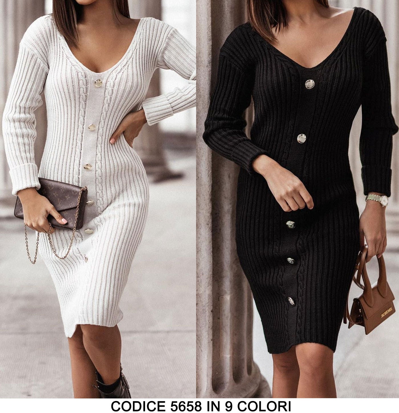 Abito Midi Bottoni Gioiello Tubino Lungo Trama Righe e Treccine Elegante Vestito Casual in 9 Colori - 5658