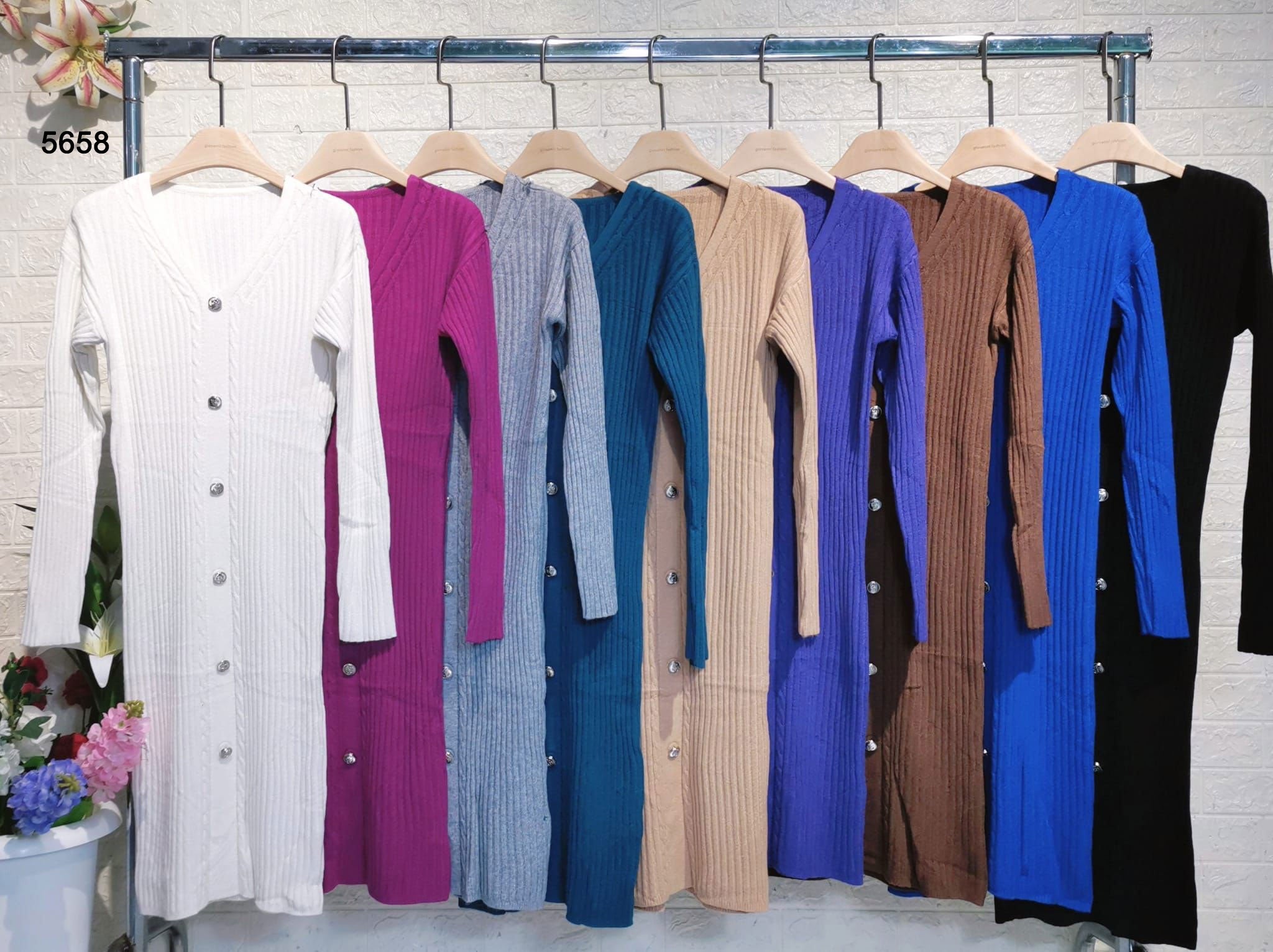 Abito Midi Bottoni Gioiello Tubino Lungo Trama Righe e Treccine Elegante Vestito Casual in 9 Colori - 5658