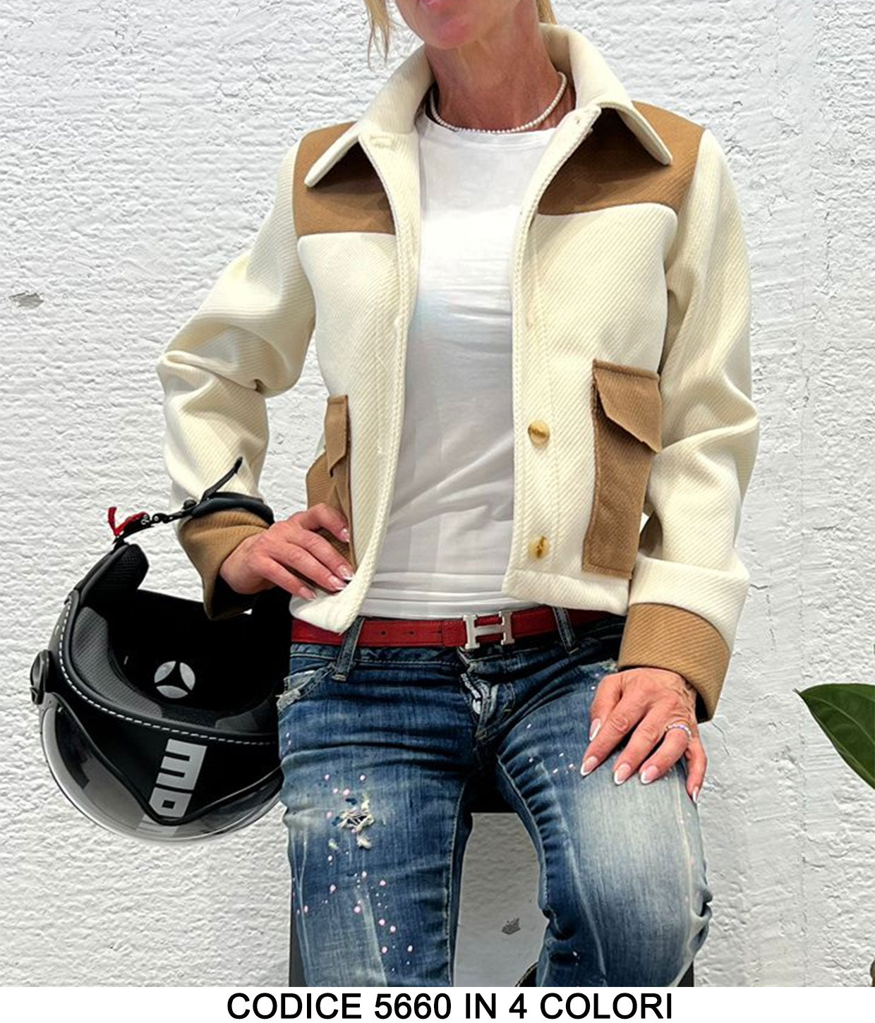 Giubbotto Casual Bicolore con Tasche Grandi Bottoni Gioiello Giacca Fashion con Polsini in 4 Colori - 5660