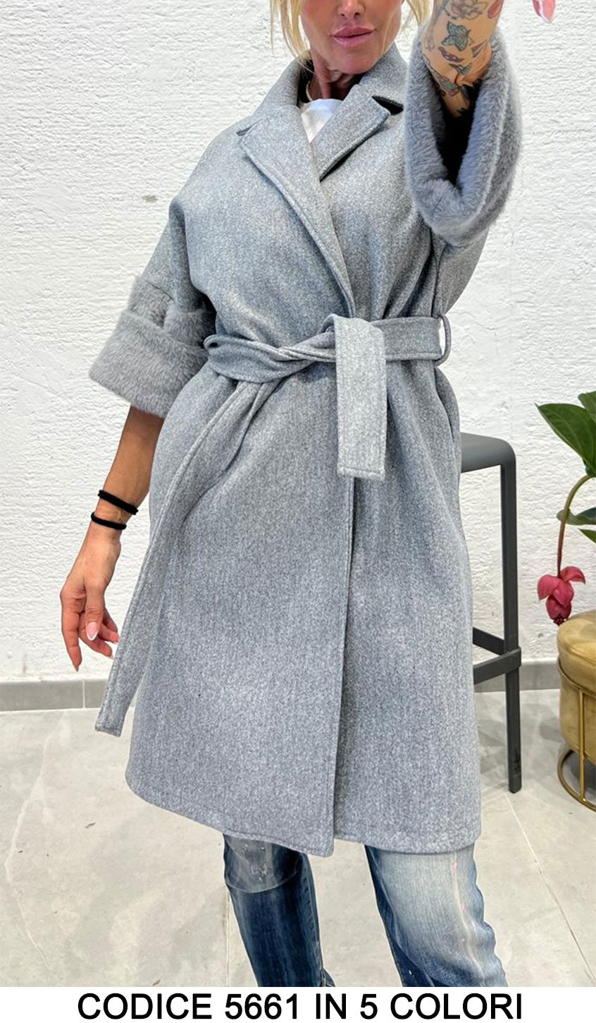Cappotto Lungo Fashion con Manica in Pelliccia Peluche Collo Doppio petto Giacca con Cintura Casual in 5 Colori - 5661