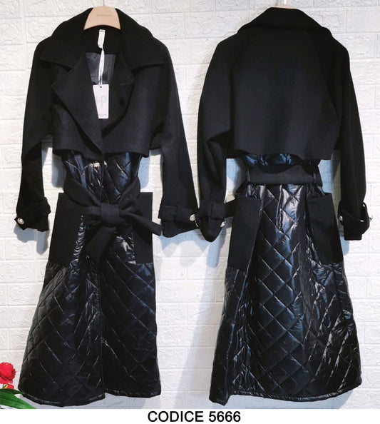 Cappotto Lungo Trench Piumino Nero con Bottoni Oro Tasche Nere Trapuntato con Cintura - 5666