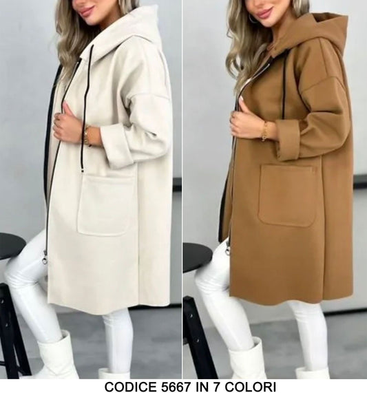 Cappotto Felpa con Cappuccio Fashion Tessuto Morbido Cappottino con Tasche e Zip in 7 Colori - 5667