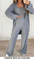 Coordinato Completo 3 Pezzi Maglia Cardigan Lunga Top e Pantalone Zampa Tessuto Morbido in 4 Colori - 5672