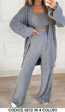 Coordinato Completo 3 Pezzi Maglia Cardigan Lunga Top e Pantalone Zampa Tessuto Morbido in 4 Colori - 5672