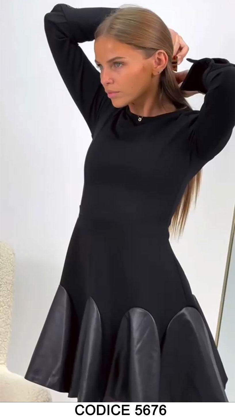 Abito Midi Elegante Romantico Nero Manica Lunga con Inserti in eco Pelle Vestito Casual Corto - 5676