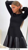 Abito Midi Elegante Romantico Nero Manica Lunga con Inserti in eco Pelle Vestito Casual Corto - 5676