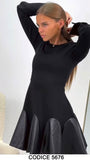 Abito Midi Elegante Romantico Nero Manica Lunga con Inserti in eco Pelle Vestito Casual Corto - 5676
