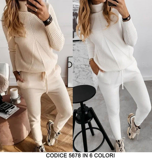Completo Coordinato Fashion Maglia Collo Alto Pantalone Elastico Tuta Sportiva Casual in 6 Colori - 5678