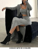 Completo 3 Pezzi Coordinato Top Maglia con Bottoni Gonna Lunga Casual Trama Costine in 3 Colori - 5679