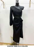 Completo Maglia Top Monospalla in Paillettes Gonna Lunga con Applicazione Rosa Fashion Elegante in 2 Colori - 5680
