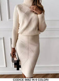 Completo Maglia Collo Alto Gonna Midi Casual Coordinato Fashion Morbido Trama Righini in 6 Colori - 5682