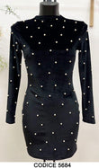 Abito Midi Tubino Nero Applicazione di Perline Bianche Vestito Elegante da Serata Casual - 5684