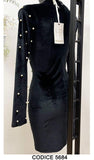 Abito Midi Tubino Nero Applicazione di Perline Bianche Vestito Elegante da Serata Casual - 5684