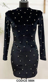 Abito Midi Tubino Nero Applicazione di Perline Bianche Vestito Elegante da Serata Casual - 5684