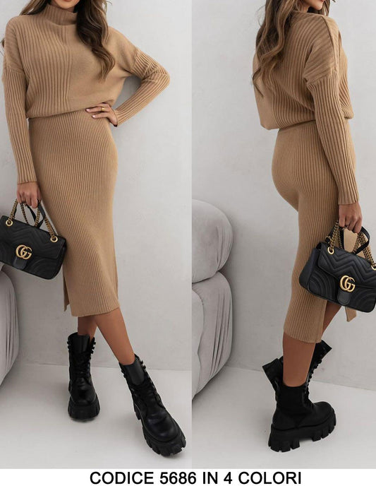 Completo Maglia Manica Lunga Collo Alto Gonna Lunga Tubino Coordinato Casual Fashion in 4 Colori - 5686