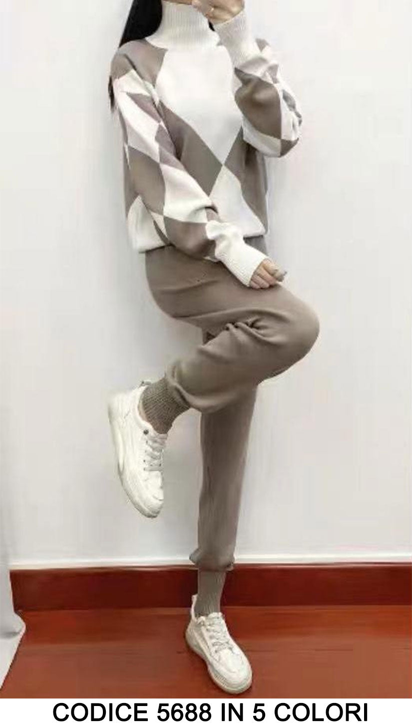 Completo Sportivo Tuta con Rombi Collo Alto Pantalone Elastico con Laccetti Coordinato in 5 Colori - 5688