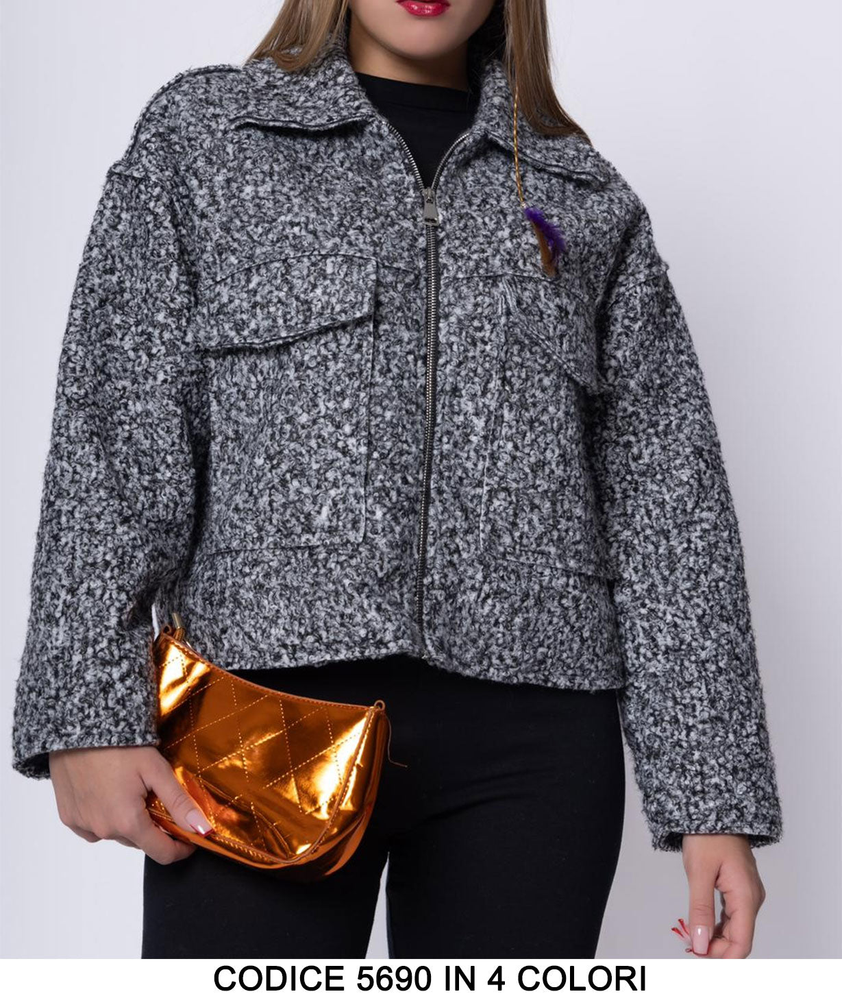 Giubbotto Cappottino Casual Tessuto stile Tweed Tasche Grandi in Tinta Unita con Zip in 4 Colori - 5690