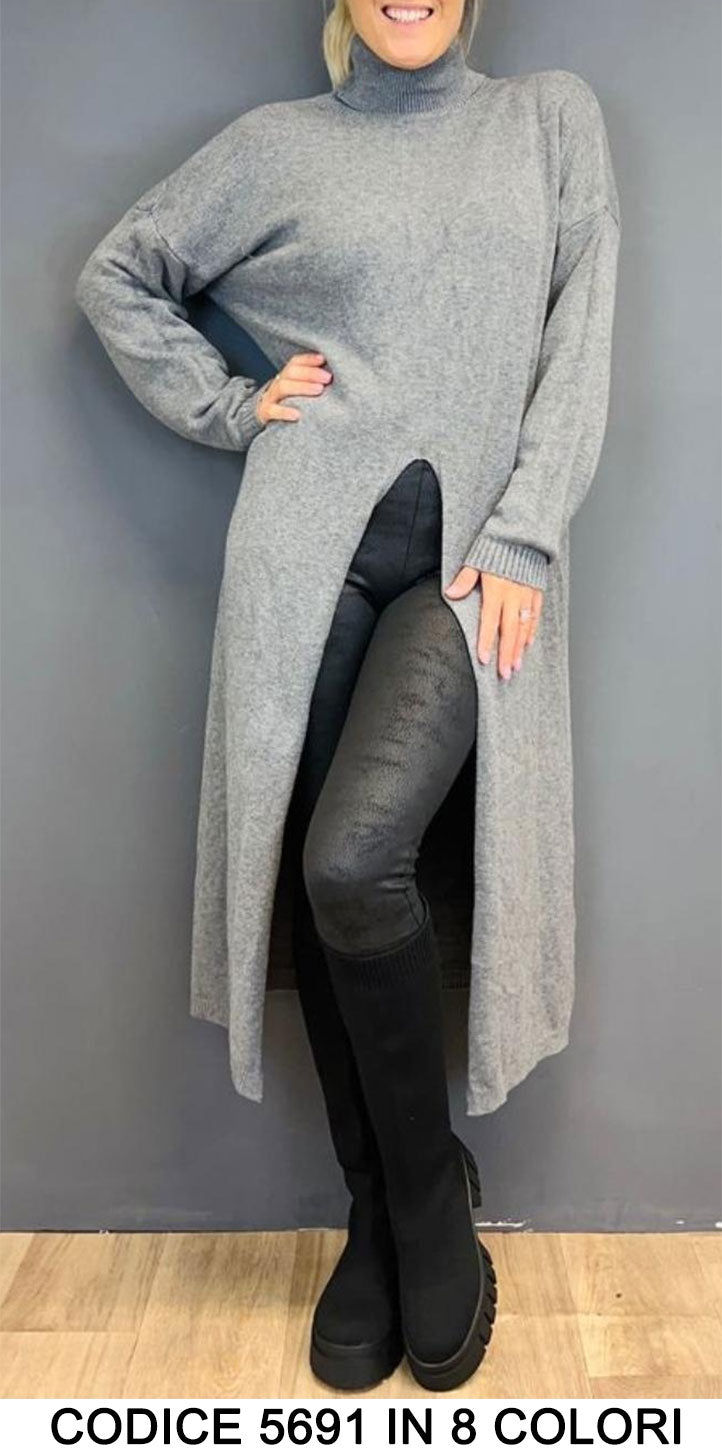 Maglia Lunga Maglione con Spacco Centrale Casual Stile Tunica Fashion Collo Alto Morbido in 8 Colori - 5691