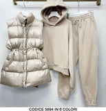 Coordinato Gilet Piumino Smanicato e Tuta Felpa con Cappuccio Pantalone Elastico Completo in 6 Colori - 5694