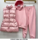 Coordinato Gilet Piumino Smanicato e Tuta Felpa con Cappuccio Pantalone Elastico Completo in 6 Colori - 5694